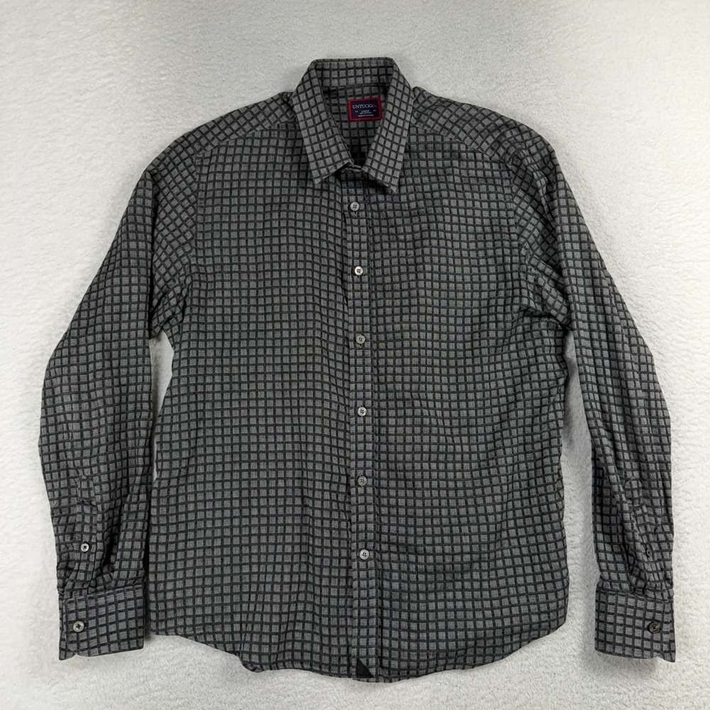 UNTUCKit Men’s L Slim Flannel Cotton Check Gray/White Long Sleeve Button-Up